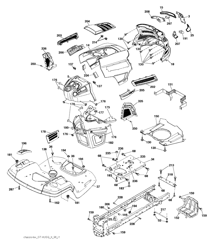 Chassis / Frame Diagram and Parts List for YTH22V46 (96043016100)(2012-09) Husqvarna Lawn Tractor