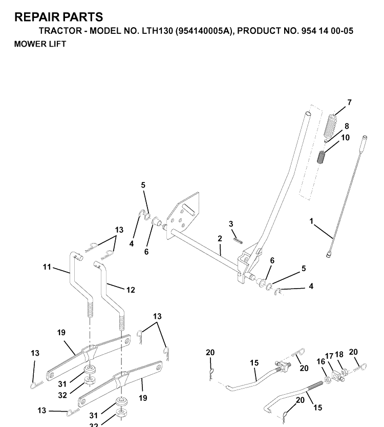 Mower Lift / Deck Lift Diagram and Parts List for LTH130 (954140005A)(1997-01) Husqvarna Lawn Tractor