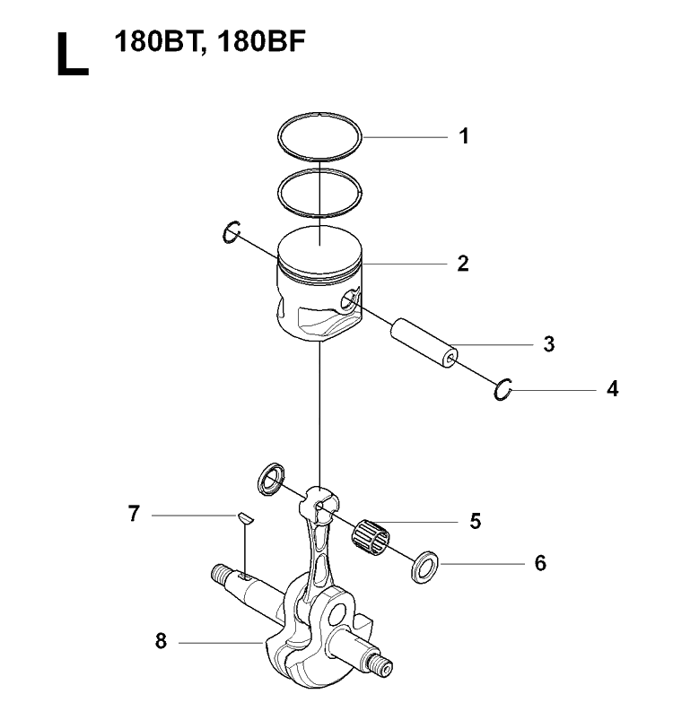 Piston And Crankshaft Diagram and Parts List for 180BF 20084000001-Current Husqvarna Leaf Blower / Vacuum