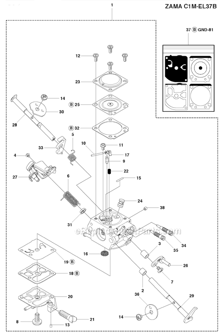 Carburetor Diagram and Parts List for 450 2010-09 Husqvarna Chainsaw
