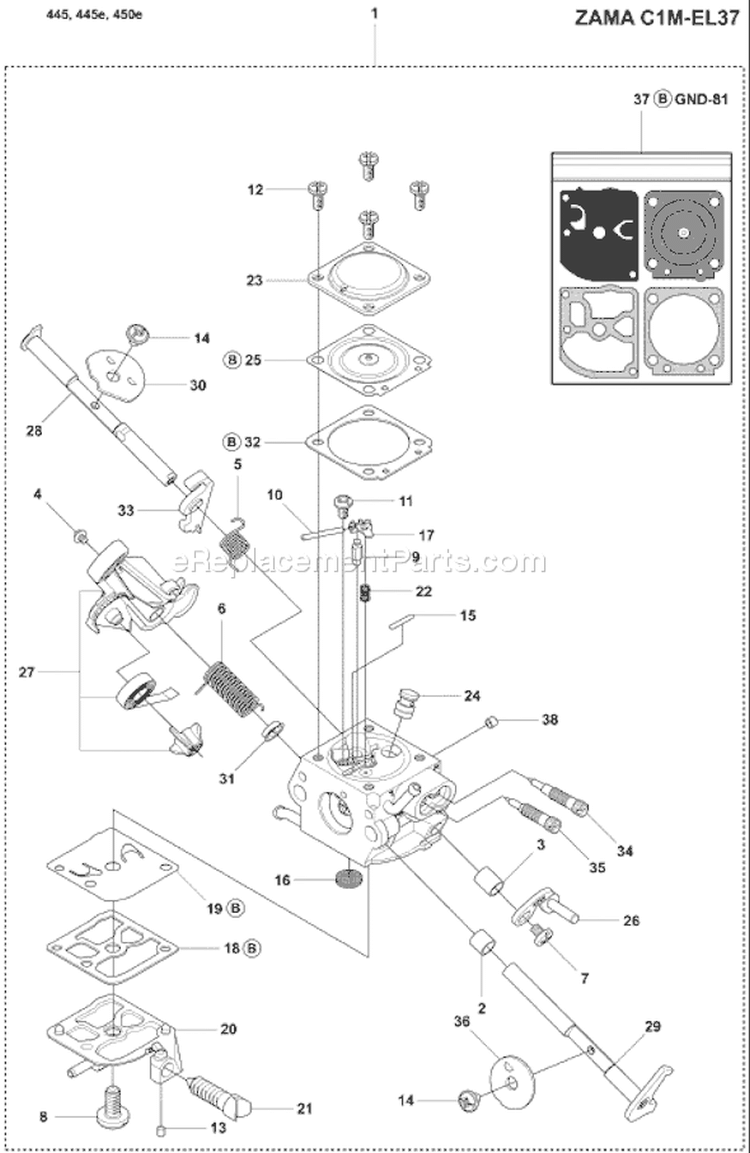 Page B Diagram and Parts List for 445 2007-03 Husqvarna Chainsaw