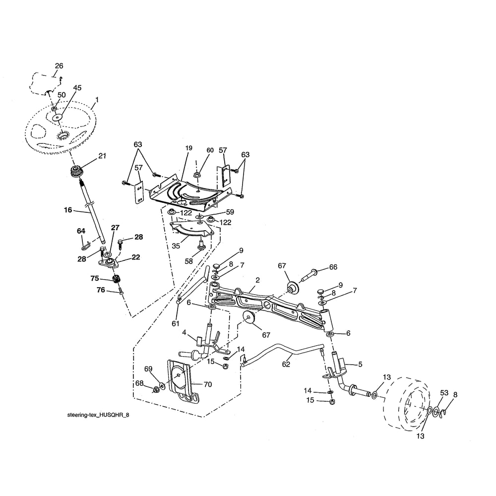 Steering Assembly Diagram and Parts List for YTH22V46-96043027100  Husqvarna Lawn Tractor