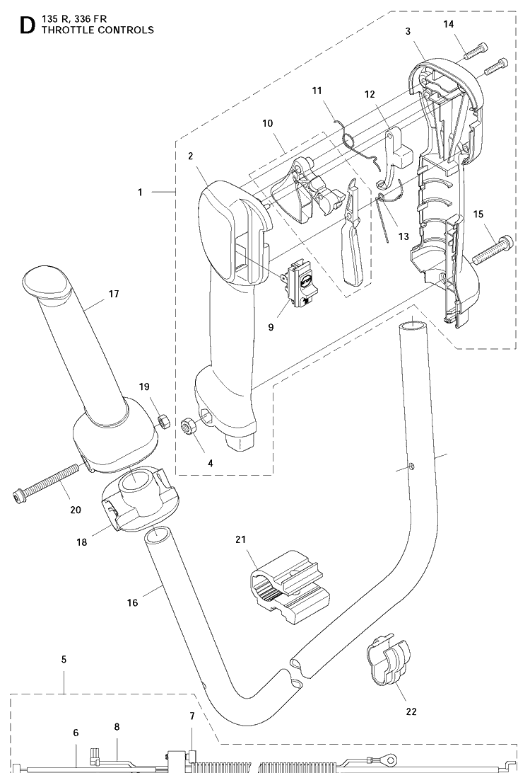 Throttle Controls Diagram and Parts List for 135R  Husqvarna Brush Cutter