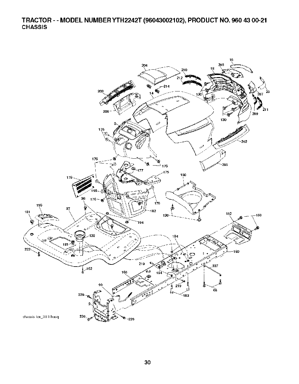 Chassis / Frame Diagram and Parts List for YTH2242T96043002102 2008-01 Husqvarna Lawn Tractor