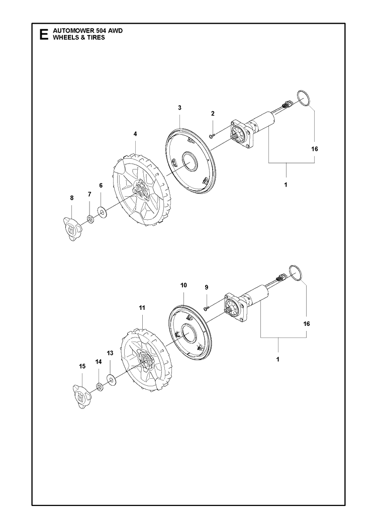 Wheels And Tires Diagram and Parts List for 504AWD 2021-01 Husqvarna Lawn Mower