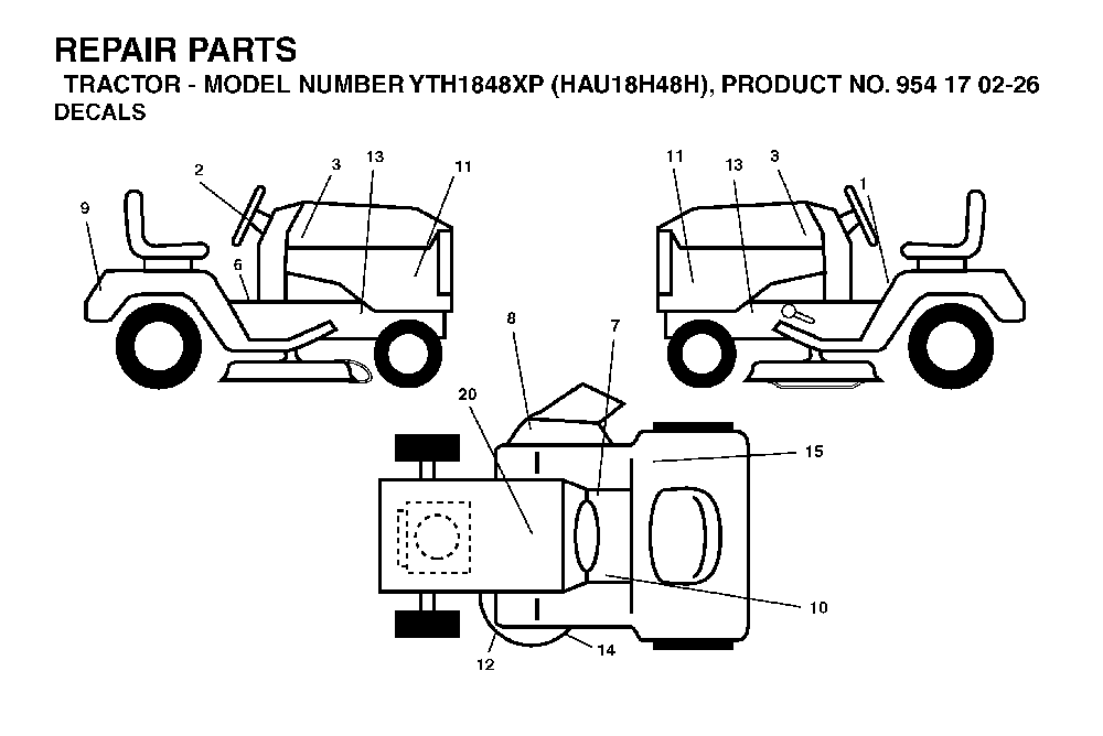 Decals Diagram and Parts List for YTH1848XP (HAU18H48H, 954170226)(2004-09) Husqvarna Lawn Tractor