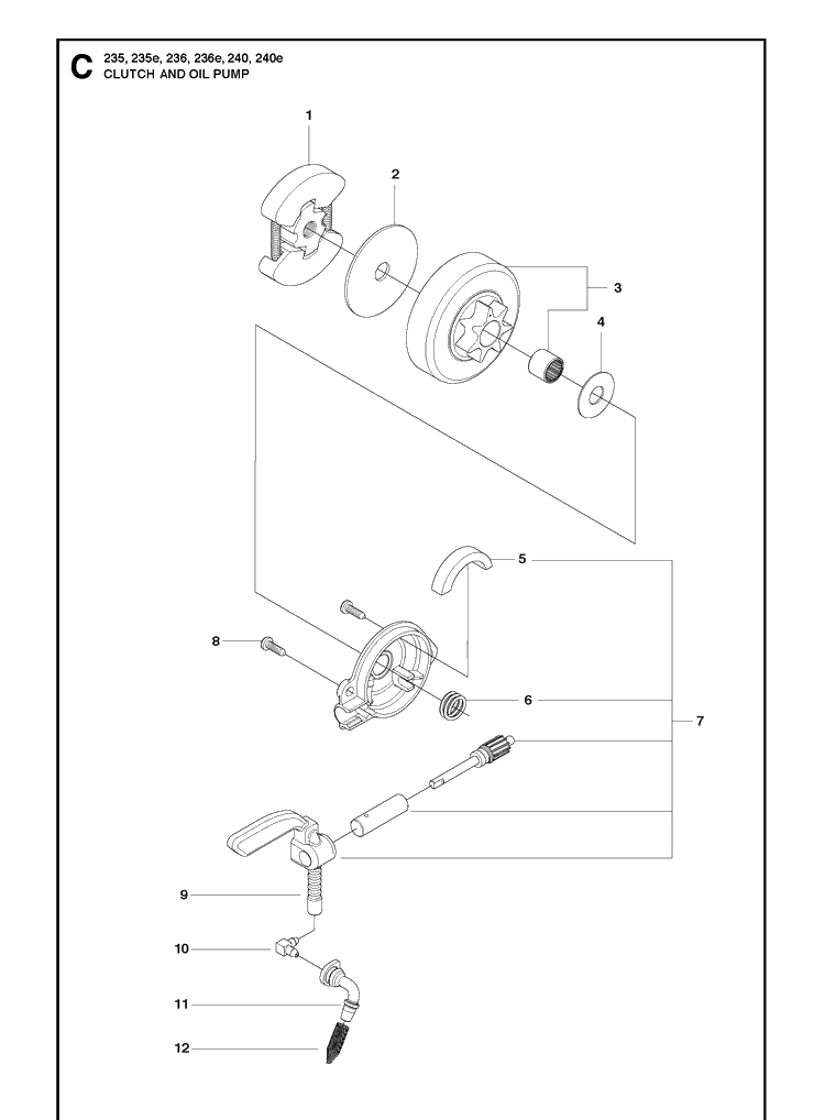 Clutch And Oil Pump Diagram and Parts List for 236E 20101400001-20180500001 Husqvarna Chainsaw