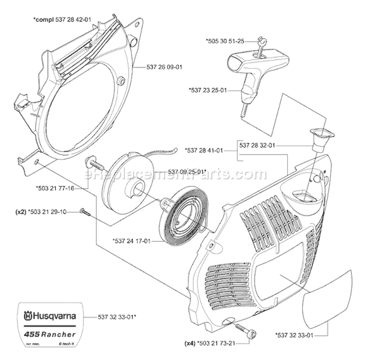 Page L Diagram and Parts List for 455 2004-10 Husqvarna Chainsaw