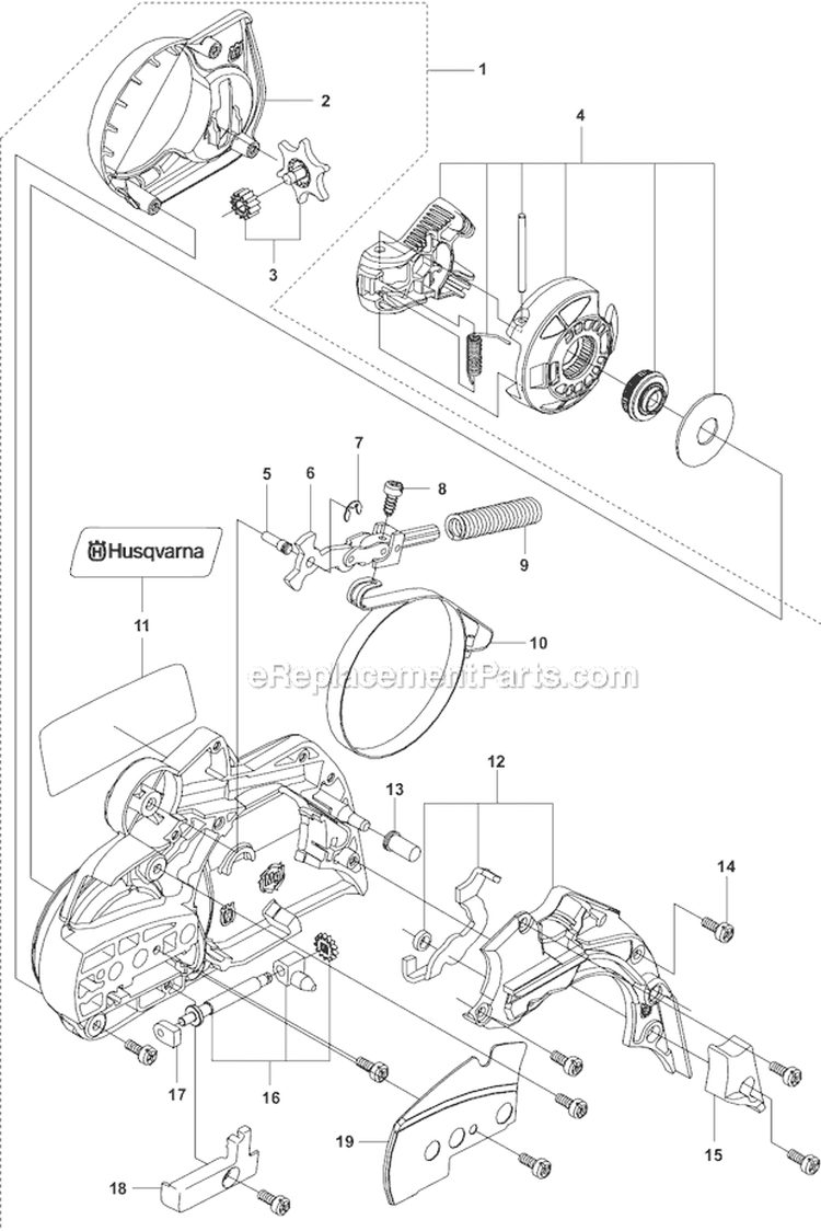 Clutch Cover Diagram and Parts List for 455E 455 E 2010-05 Husqvarna Chainsaw