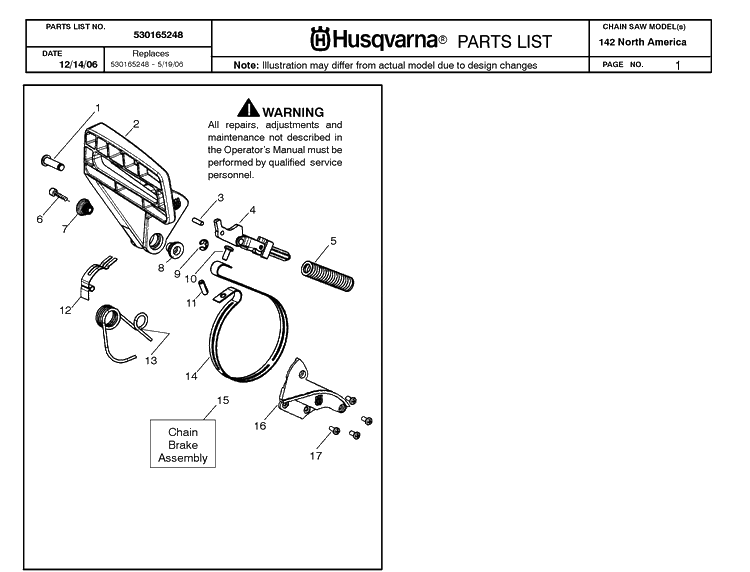 Chain Brake Diagram and Parts List for 142 20064900001-20070100000 Husqvarna Chainsaw