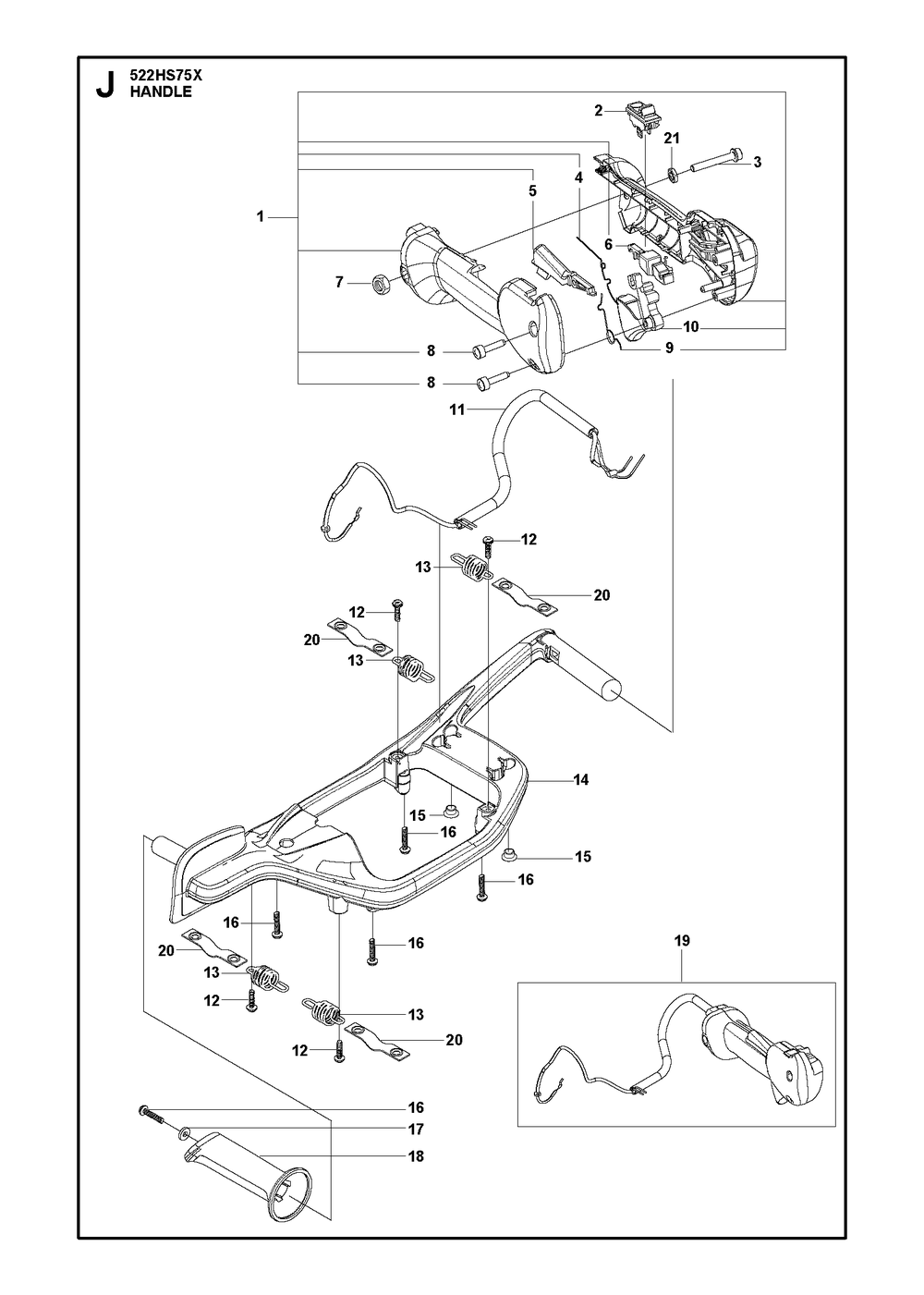 Handle and Controls Diagram and Parts List for 522HS75X  Husqvarna Hedge Trimmer
