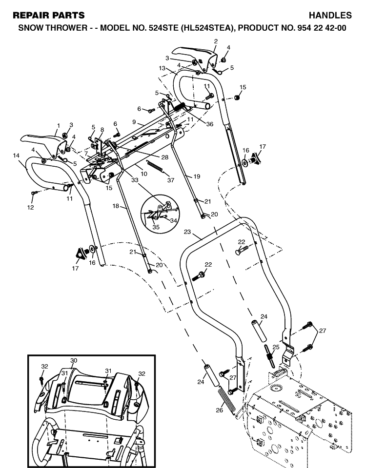 Handle And Controls Diagram and Parts List for 524STE (HL524STEA)(2004-08) Husqvarna Snow Blower