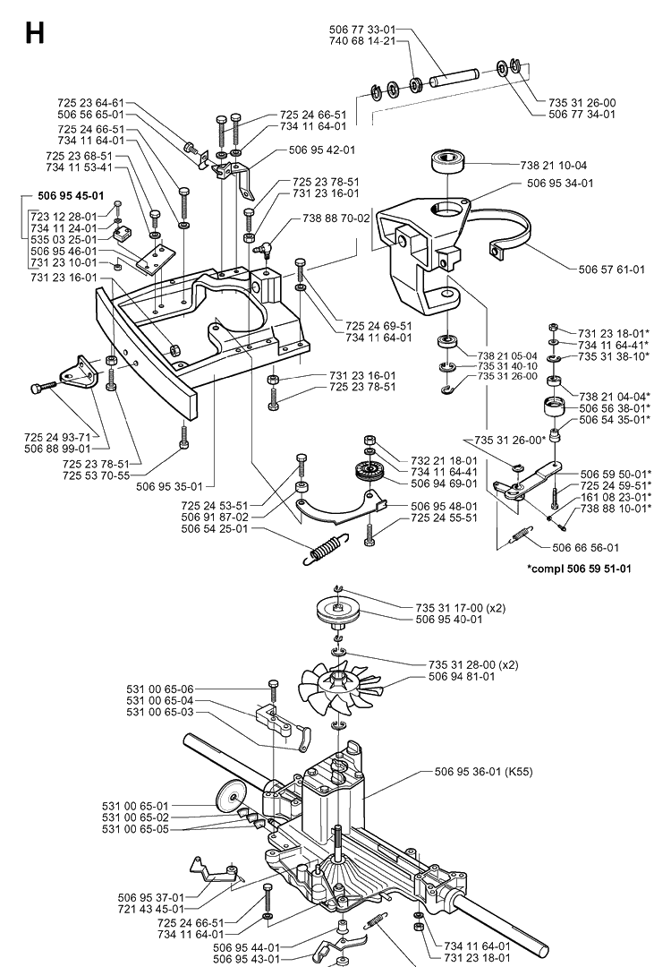 Transmission Diagram and Parts List for RIDER850HST 1998-03 Husqvarna Lawn Mower