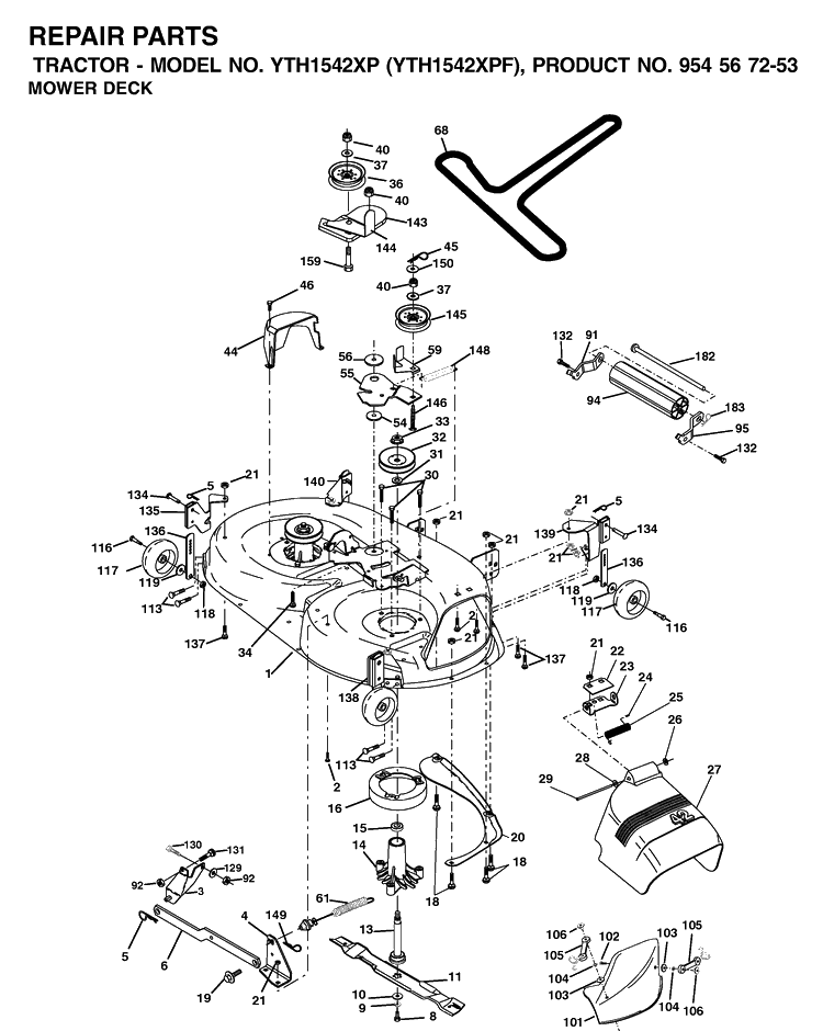 Mower Deck / Cutting Deck Diagram and Parts List for YTH1542XP (954567253)(2002-03) Husqvarna Lawn Tractor