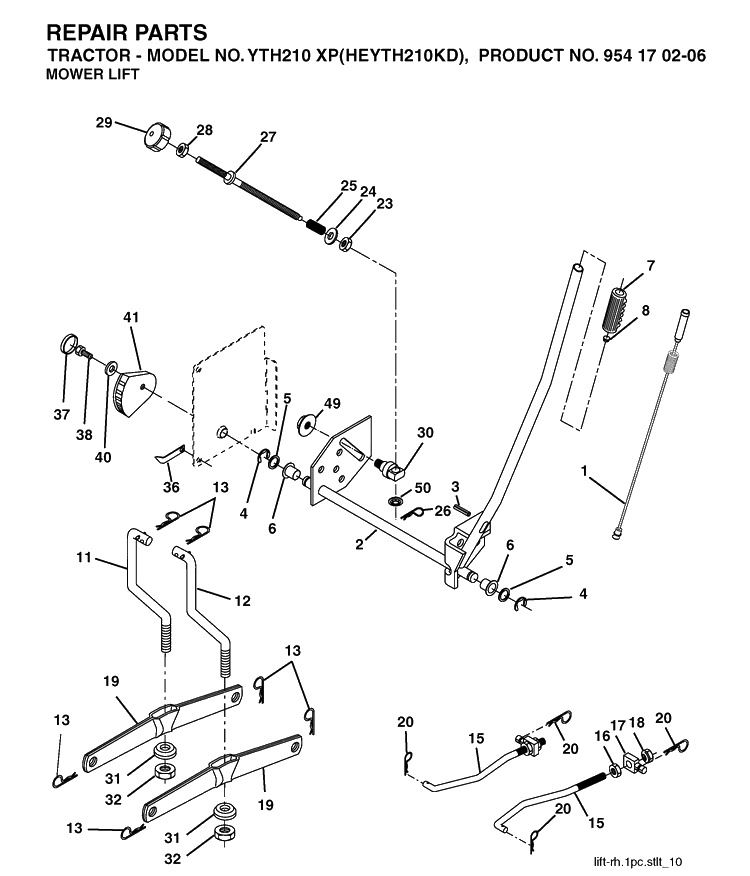 Mower Lift / Deck Lift Diagram and Parts List for YTH210XP (HEYTH210KD)(2004-06) Husqvarna Lawn Tractor