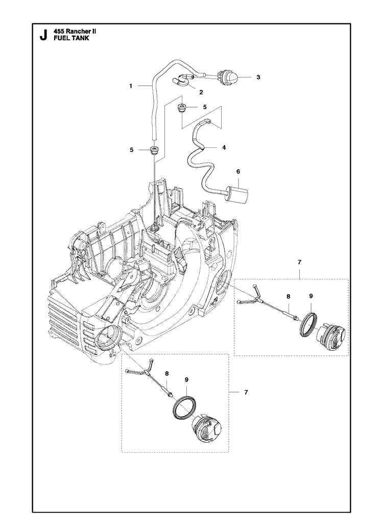 Fuel Tank Diagram and Parts List for 455 (Rancher II)(2012-06) Husqvarna Chainsaw