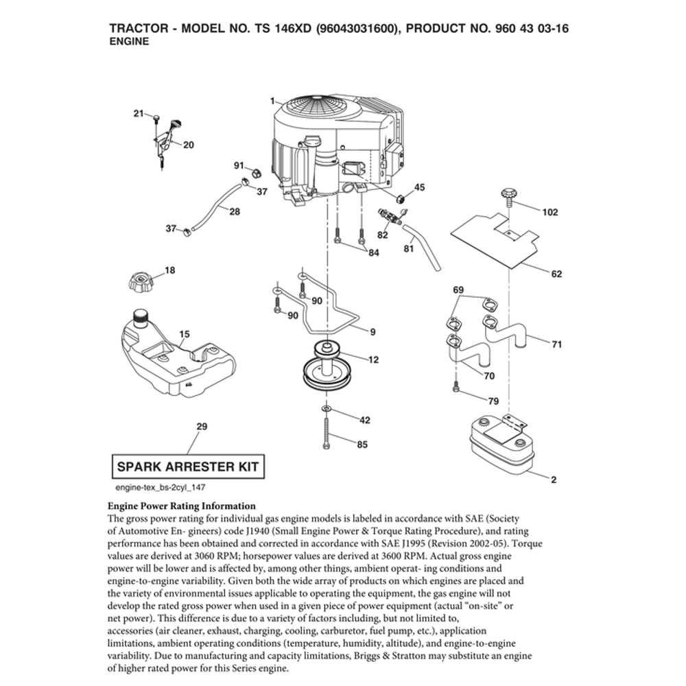 Engine Diagram and Parts List for 96043031600  Husqvarna Lawn Tractor