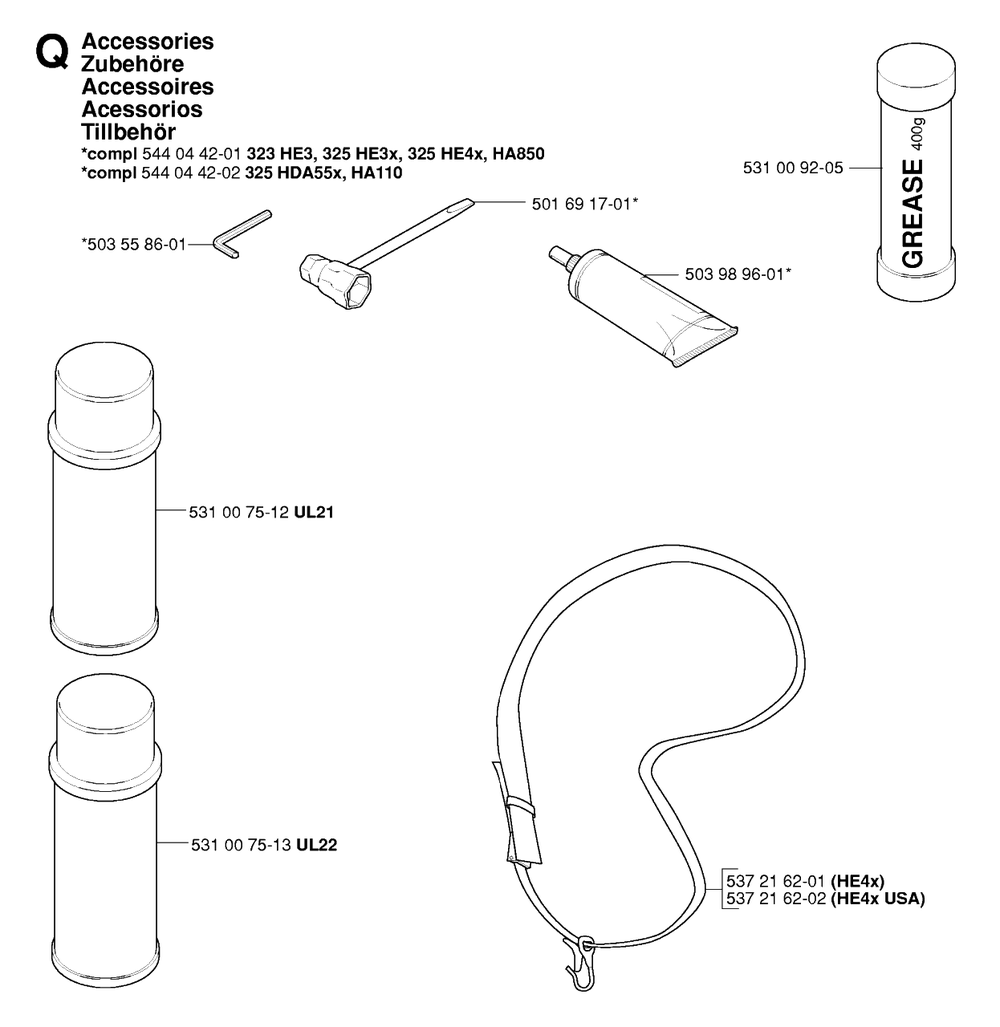 Accessories Diagram and Parts List for 325HDA55X 20054000001 & Above Husqvarna Hedge Trimmer