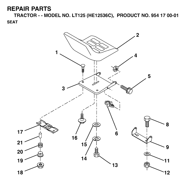 Seat Diagram and Parts List for LT125 (HE12536C)(1998-03) Husqvarna Lawn Tractor