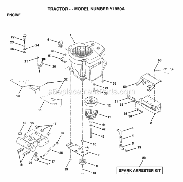 Engine Diagram and Parts List for Y1950A 1995 Husqvarna Lawn Tractor