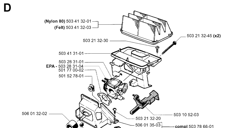 Carburetor And Air Filter Diagram and Parts List for 40 20013500001-Current Husqvarna Chainsaw