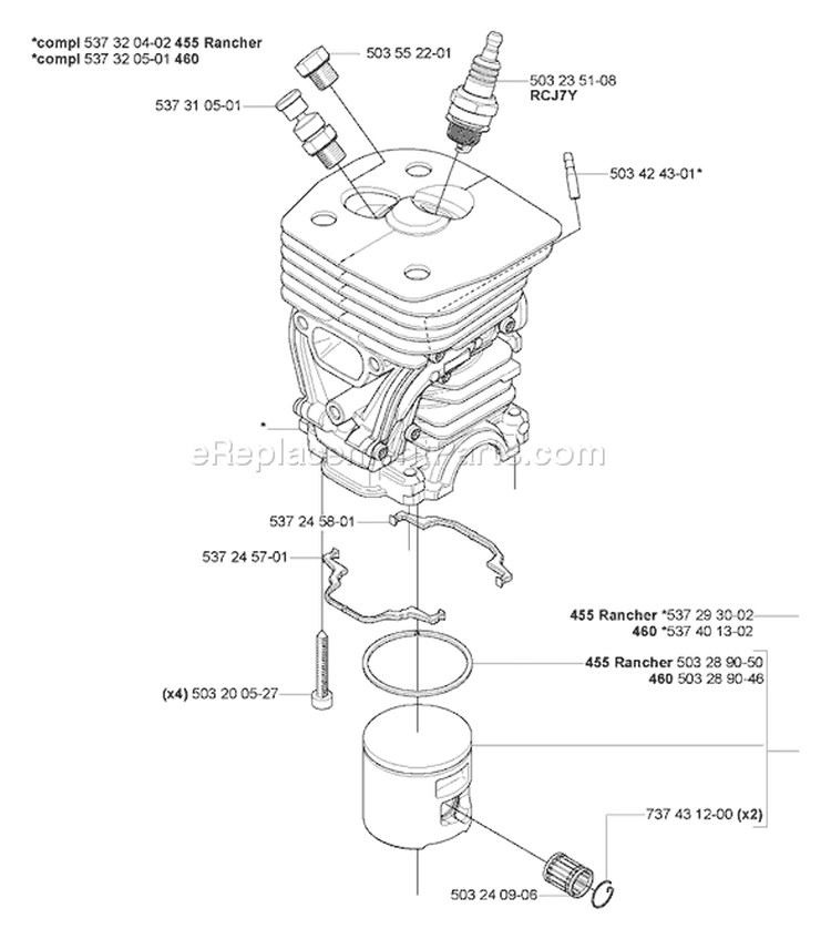 Page J Diagram and Parts List for 460 2005-03 Husqvarna Chainsaw