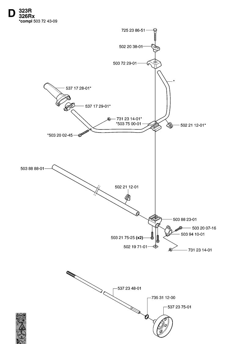Shaft And Handle Diagram and Parts List for 323R 20070100001-20144900000 Husqvarna Brush Cutter