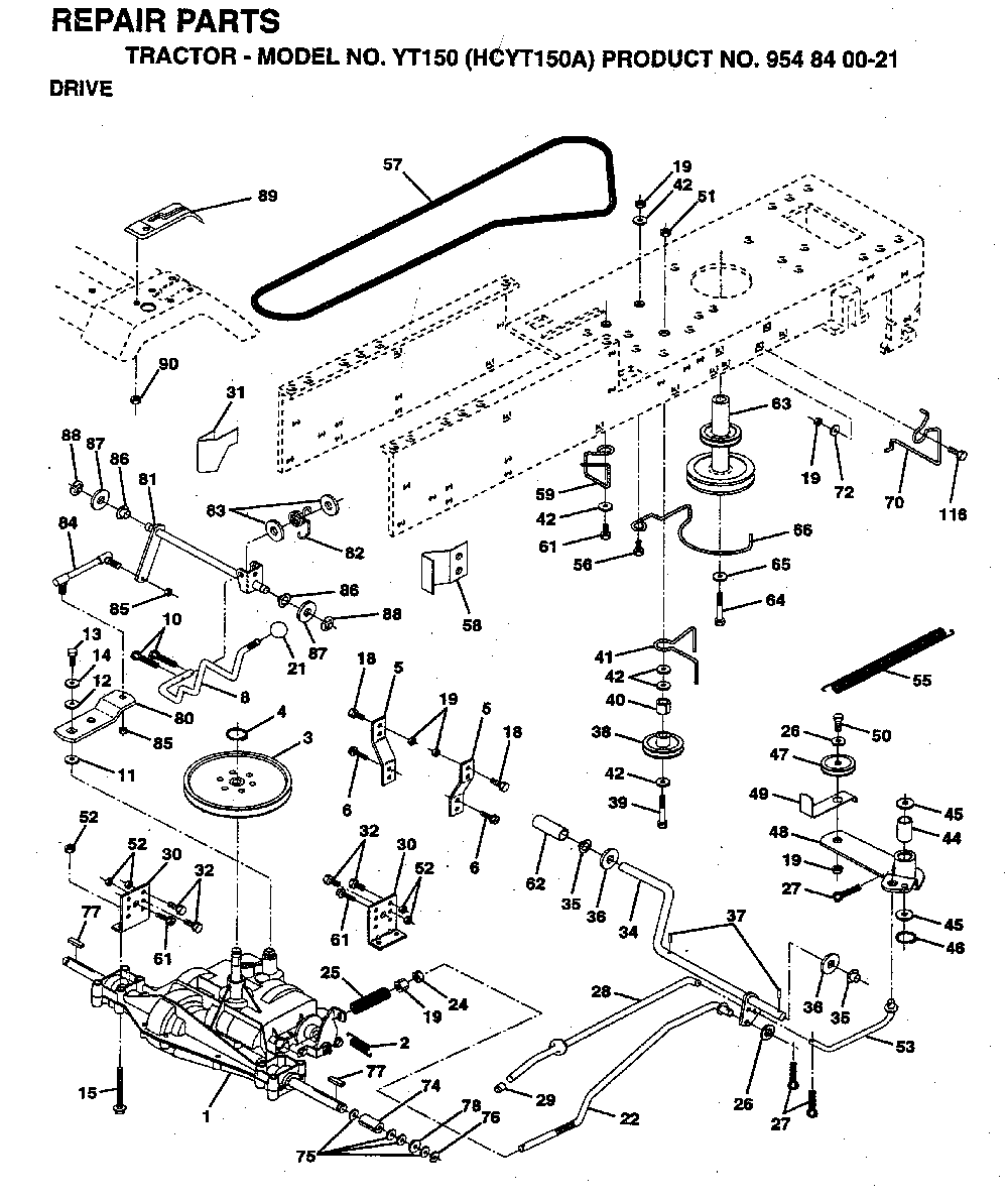Drive Diagram and Parts List for YT150 (HCYT150A, 954840021)(1996-01) Husqvarna Lawn Tractor