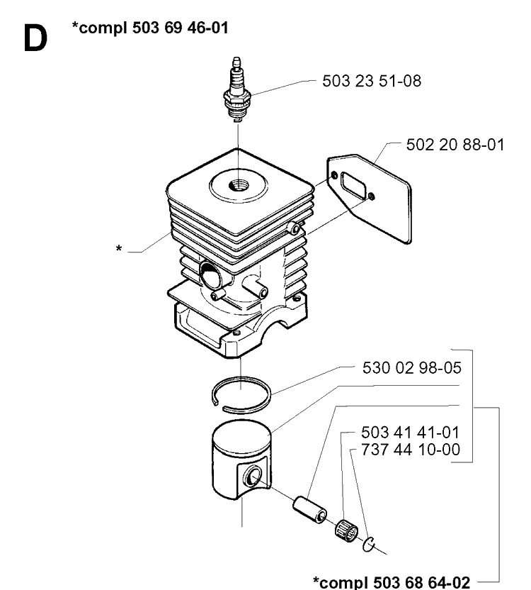 Cylinder Piston Diagram and Parts List for 235P 19970500001-Current Husqvarna Pole Saw