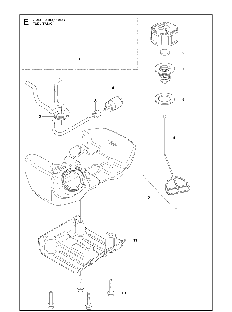 Fuel Tank Diagram and Parts List for 553RS  Husqvarna Brush Cutter