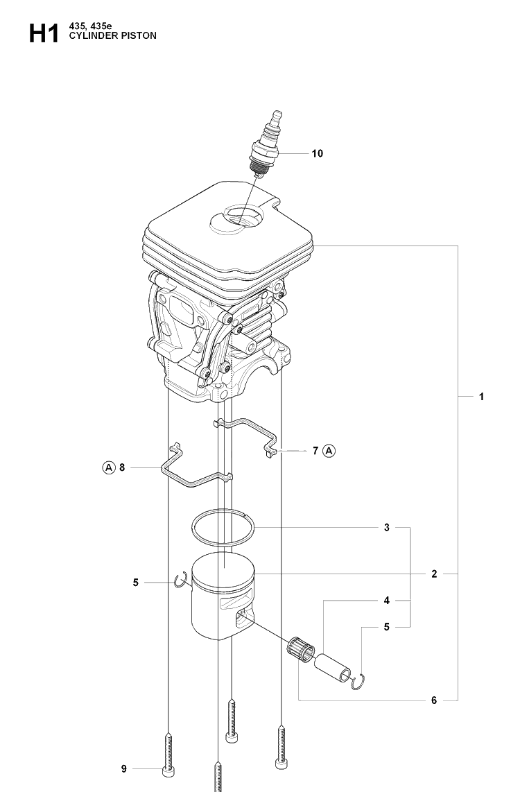 Cylinder Piston Diagram and Parts List for 435E 20090400001-20102300000 Husqvarna Chainsaw
