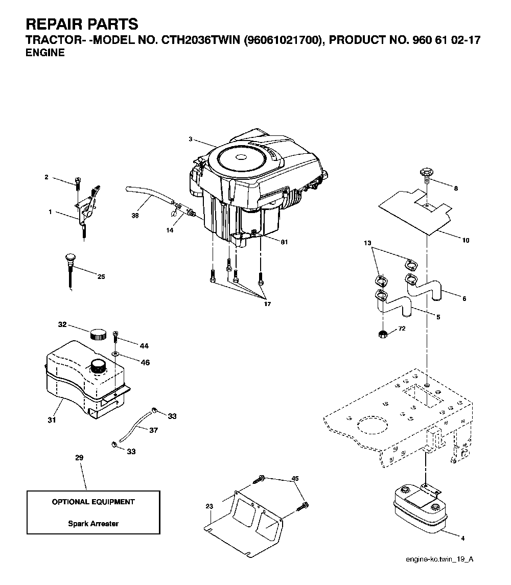Engine Diagram and Parts List for CTH2036TWIN (96061021700, 960610217)(2007-04) Husqvarna Lawn Tractor
