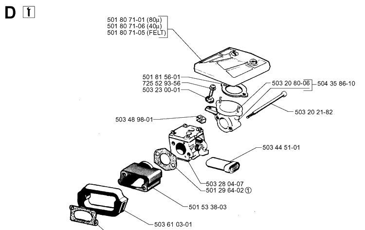 Carburetor And Air Filter Diagram and Parts List for 61 20014000001-20110100000 Husqvarna Chainsaw