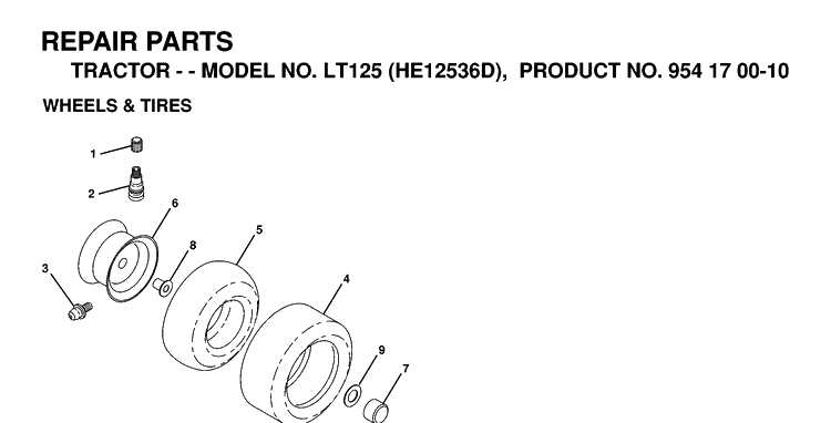 Wheels And Tires Diagram and Parts List for LT125 (HE12536D)(1998-12) Husqvarna Lawn Tractor