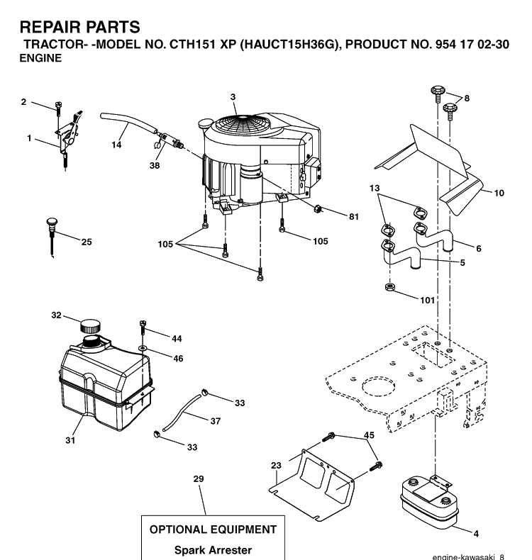 Engine Diagram and Parts List for CTH151XP (HAUCT15H36G)(2005-04) Husqvarna Lawn Tractor