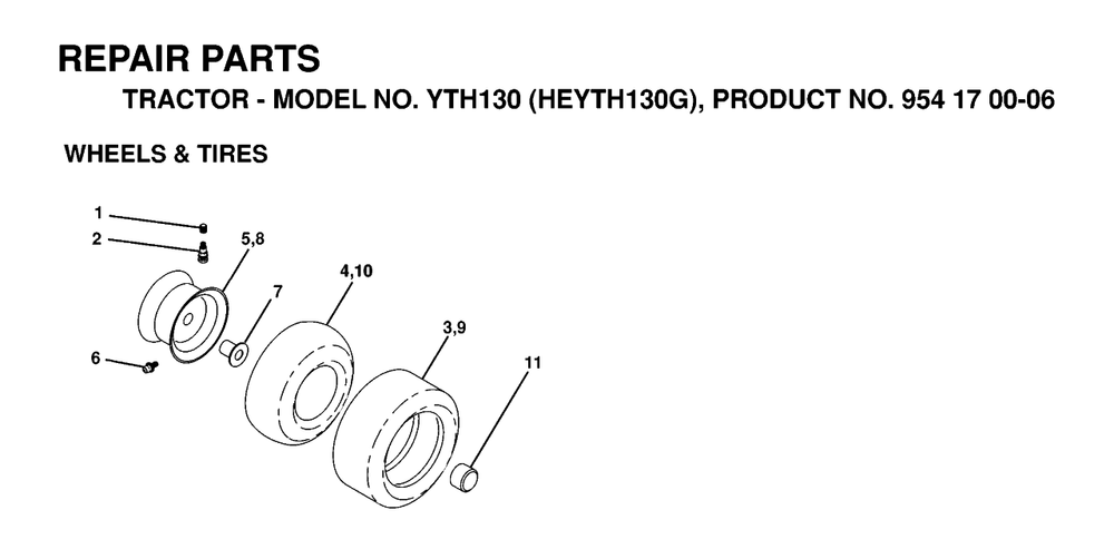 Wheels And Tires Diagram and Parts List for YTH130 (954170006-G)(1998-12) Husqvarna Lawn Tractor