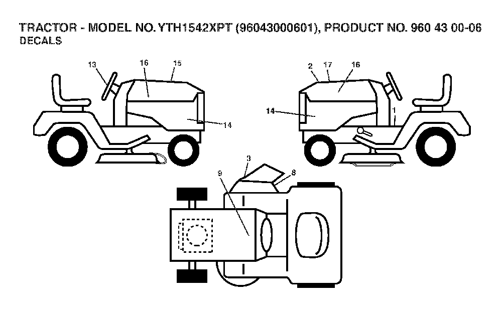 Decals Diagram and Parts List for YTH1542XPT (96043000601)(2006-03) Husqvarna Lawn Tractor