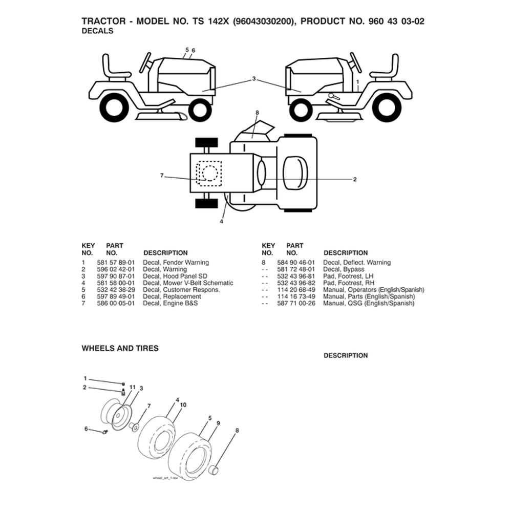 Wheels & Tires Diagram and Parts List for 96043030200  Husqvarna Lawn Tractor