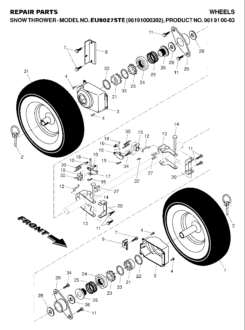 Wheels And Tires Diagram and Parts List for 9027STE (961910003-02)(2007-01) Husqvarna Snow Blower