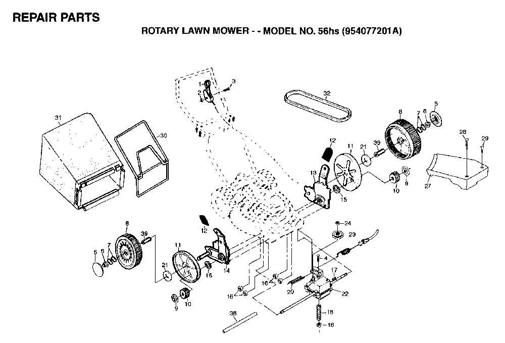 Repair Parts Diagram and Parts List for 56HS (954077201A)(1995-10) Husqvarna Lawn Mower