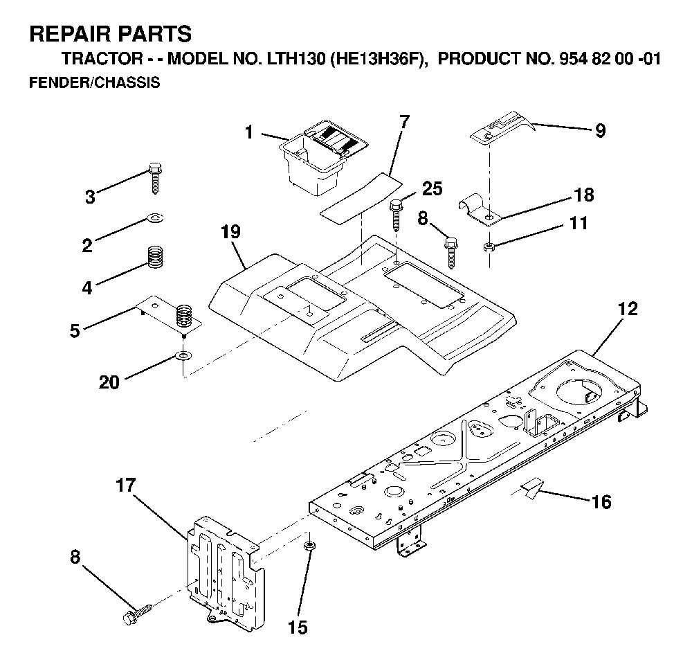 Chassis And Enclosures Diagram and Parts List for LTH130 (HE13H36F, 954820001)(1998-12) Husqvarna Lawn Tractor