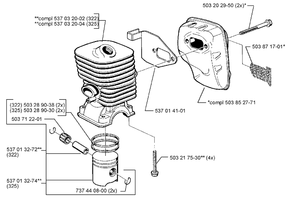 Piston And Cylinder Assembly Diagram and Parts List for 325LX 1999-03 Husqvarna Trimmer
