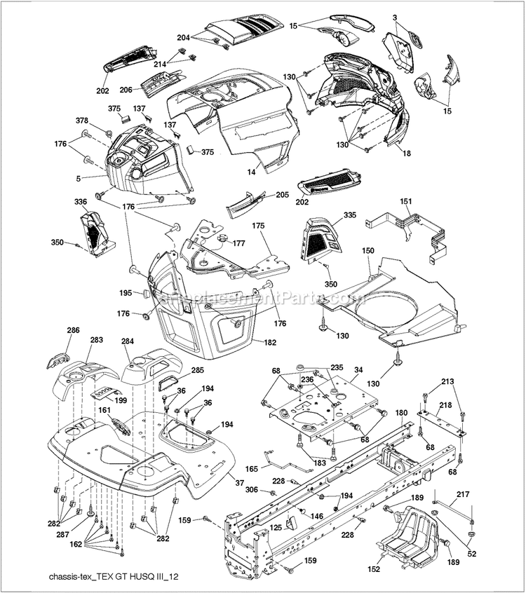 Chassis And Enclosures Diagram and Parts List for TS142K  Husqvarna Lawn Tractor