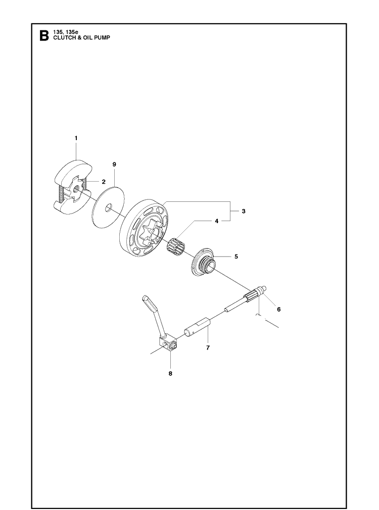 Clutch And Oil Pump Diagram and Parts List for 135E  Husqvarna Chainsaw