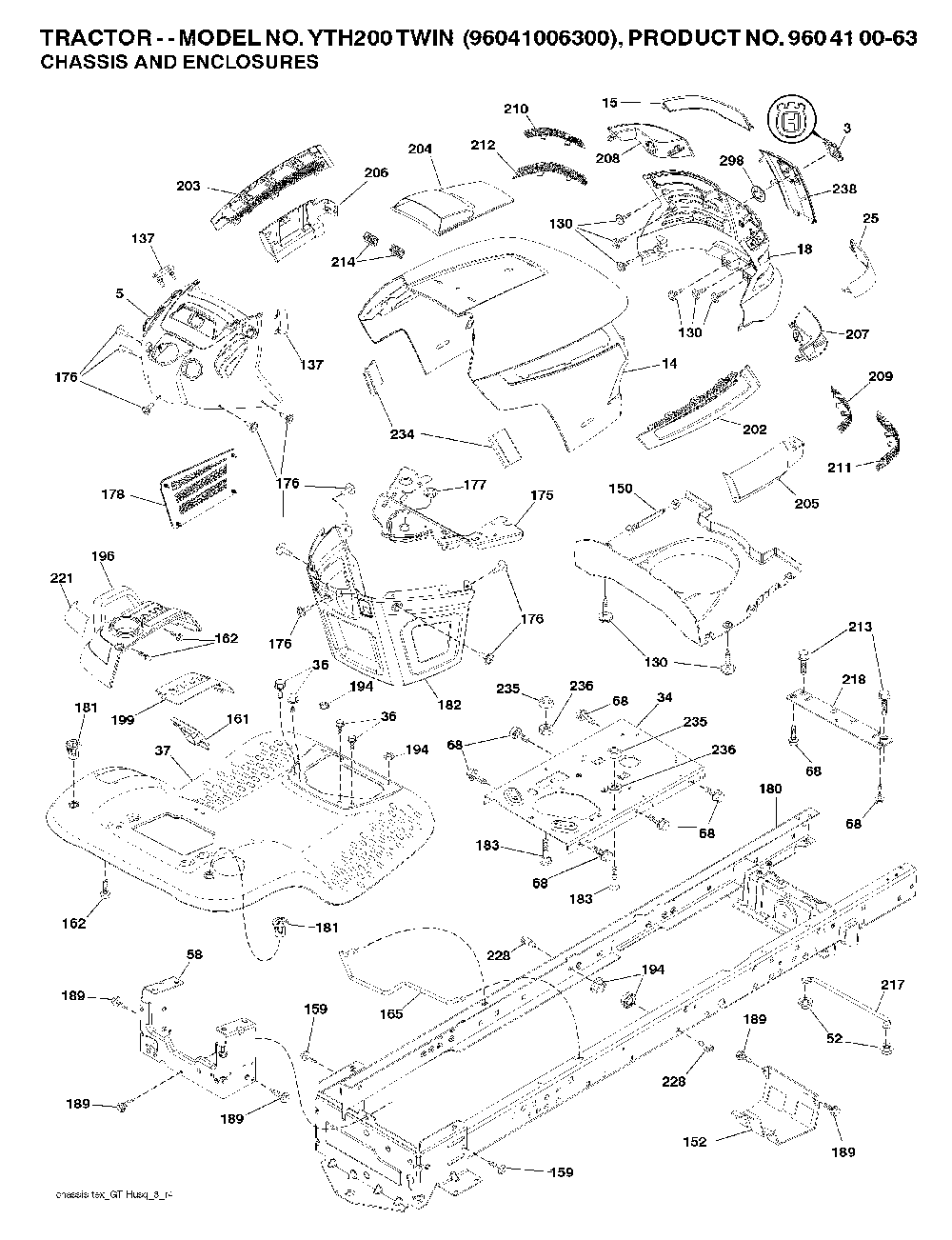Chassis And Enclosures Diagram and Parts List for YTH200TWIN (96041006400)(2007-10) Husqvarna Lawn Tractor