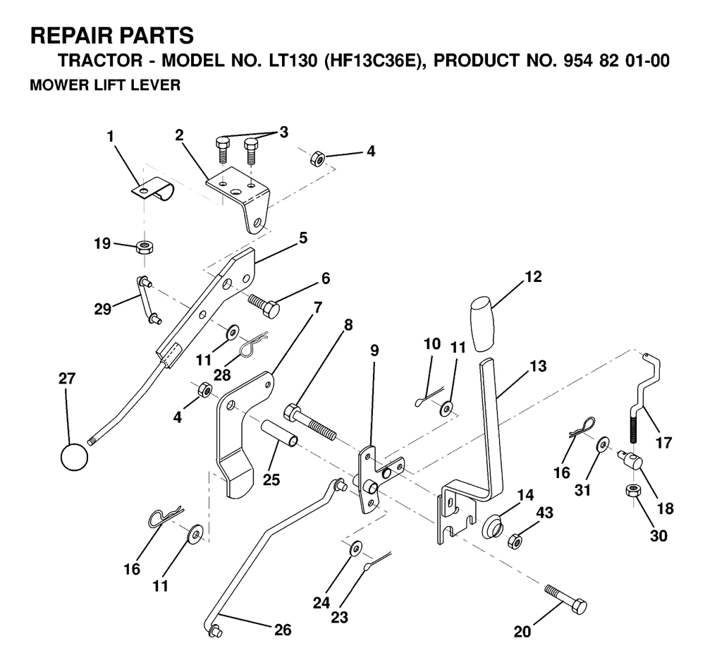 Mower Lift / Deck Lift Diagram and Parts List for LT130 (954820100-E)(2000-02) Husqvarna Lawn Tractor