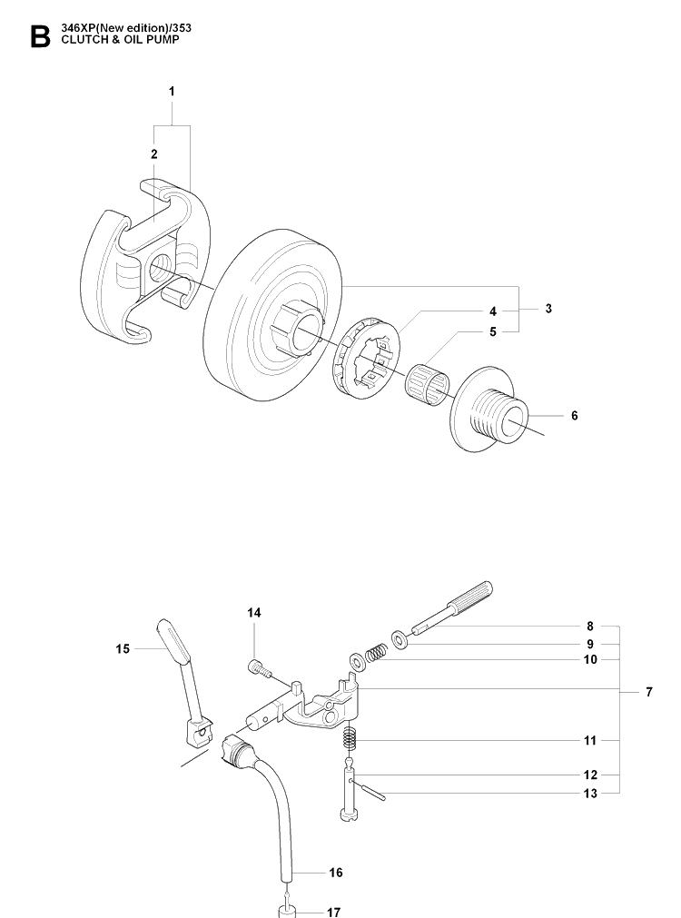 Clutch And Oil Pump Diagram and Parts List for 353 20090400001-Current Husqvarna Chainsaw