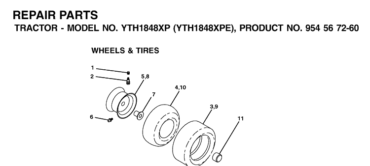 Wheels And Tires Diagram and Parts List for YTH1848XP (954567260)(2002-02) Husqvarna Lawn Tractor
