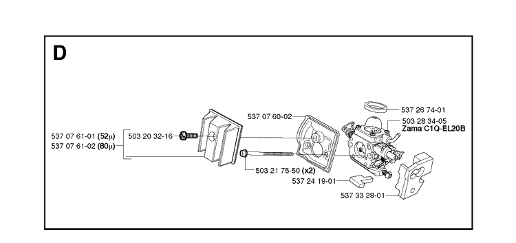 Carburetor And Air Filter Diagram and Parts List for 336 20051000001-20063600000 Husqvarna Chainsaw