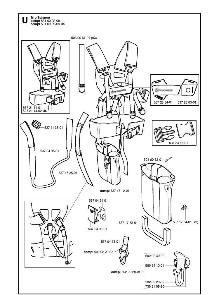 Harness Diagram and Parts List for 250R  Husqvarna Brush Cutter